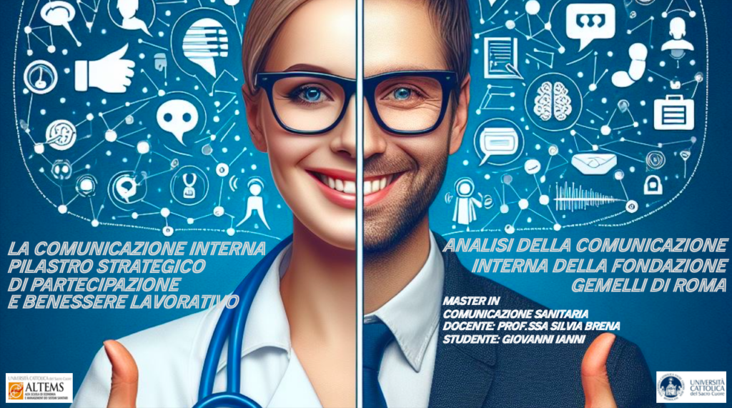 immagine con sfondo blu e una nuovoletta all'interno della quale ci sono icone utilizzate sui social e in primo piano un volto diviso in due da una parte una dottoressa con fonendoscopio dall'altra un dirigente per evidenziare il ruolo cruciale della comunicazione interna in sanità